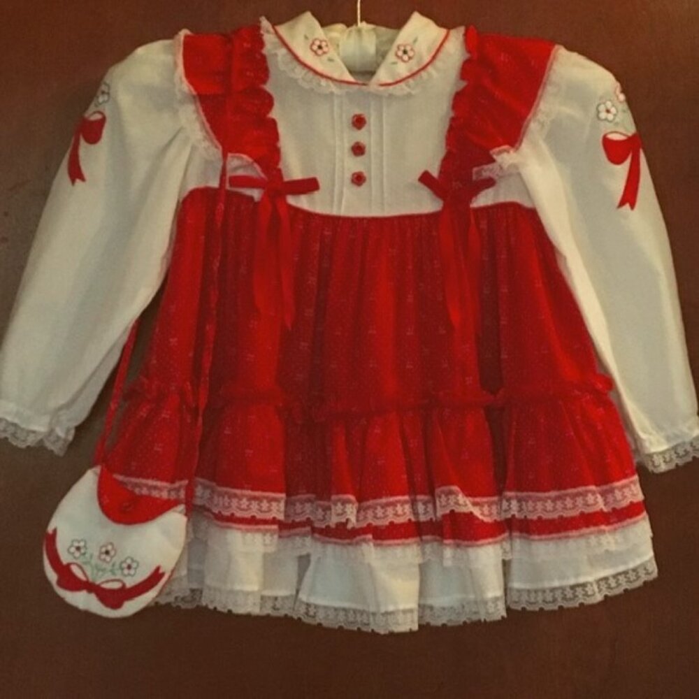 1950s Pinafore Style Size 4T Red & White Frilly Dress w/ Matching Change Purse